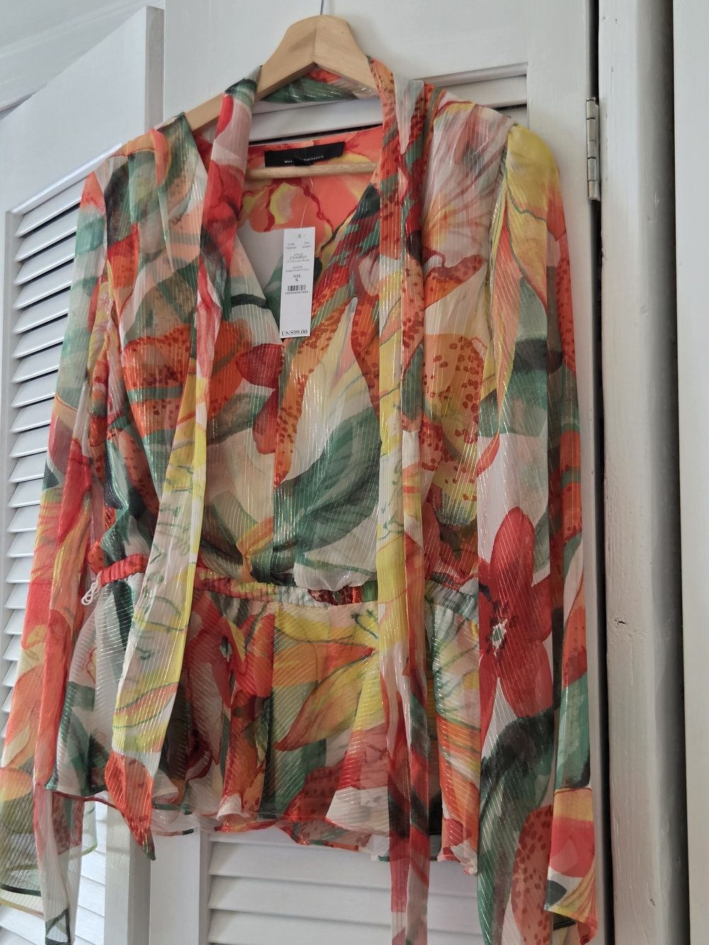 White House Black Market Sheer Floral Tie-Front Jacket in Red Green Yellow